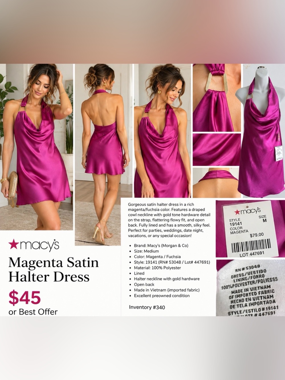 Macy's Magenta Satin Halter Mini Dress
